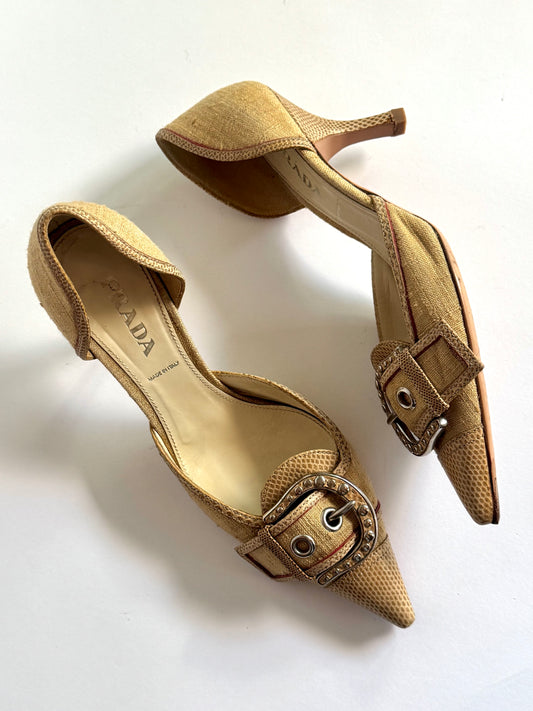 Prada Canvas Beige Buckle D'Orsay Pumps(IT36.5 / US7-7.5)