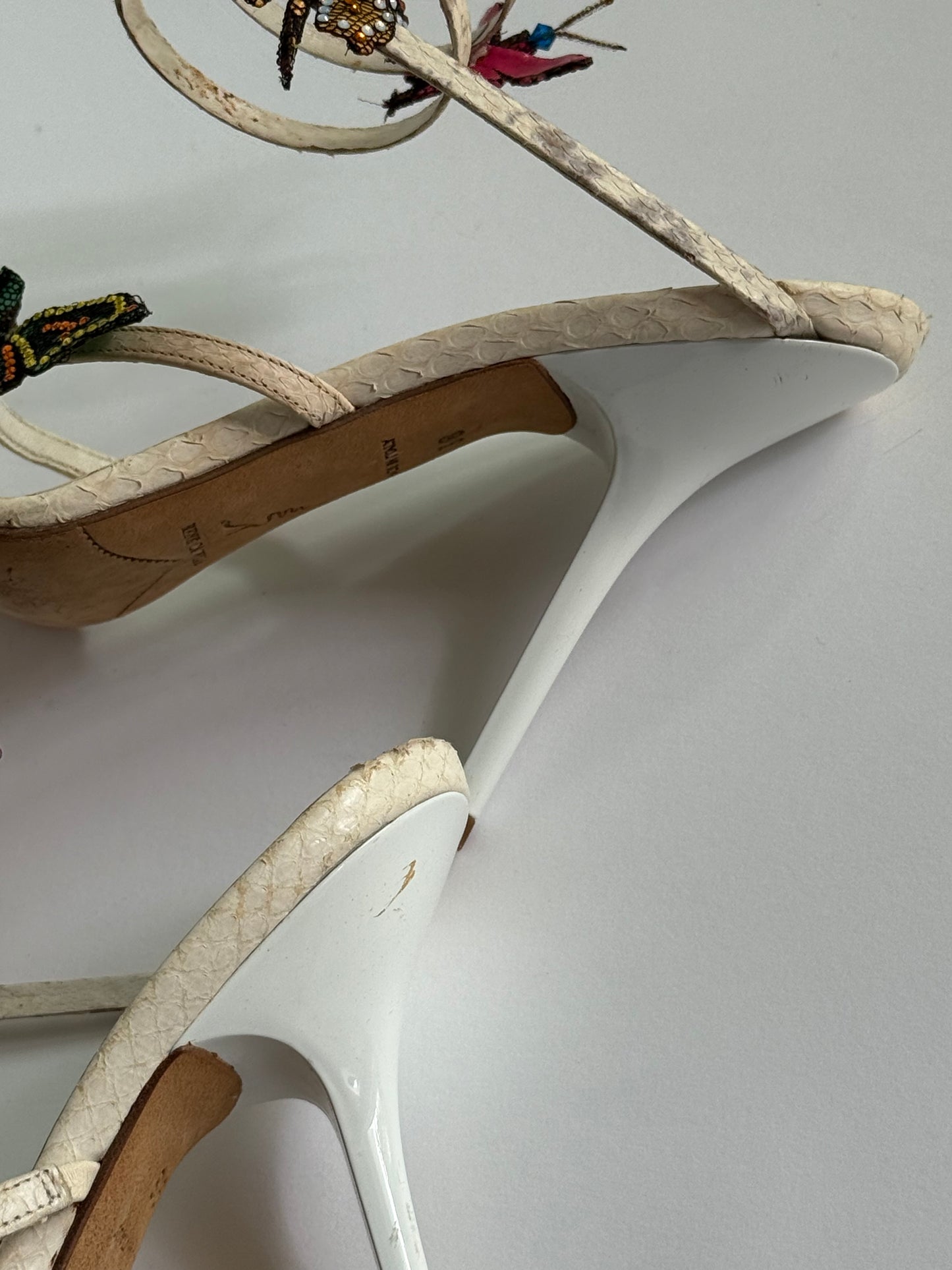 René Caovilla Butterfly Crystal Embellished Snakeskin Sandals (IT38 / US7.5-8)