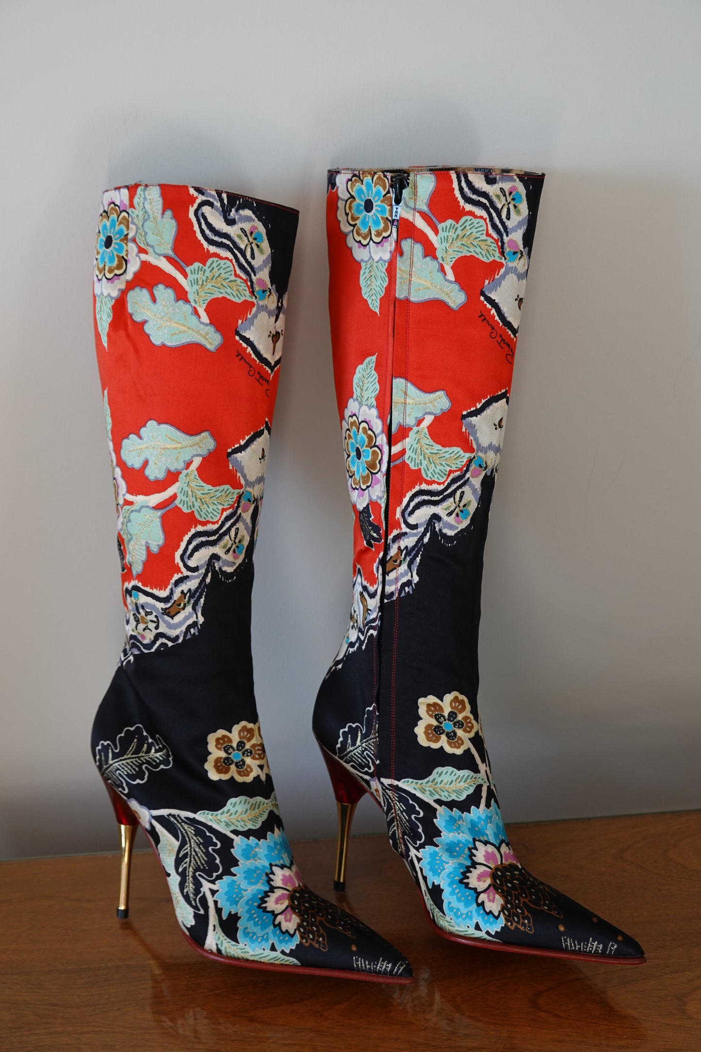 SS2003 Roberto Cavalli Chinoiserie Red Satin Boots (IT35 / US5-5.5)