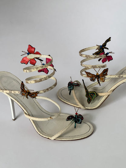 René Caovilla Butterfly Crystal Embellished Snakeskin Sandals (IT38 / US7.5-8)