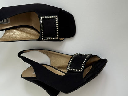 FW1996 Versace Black Satin Buckle Rhinestone Slingback Pumps (IT39 / US8.5-9)