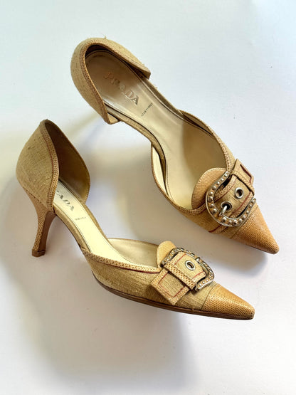 Prada Canvas Beige Buckle D'Orsay Pumps (IT40 / US10.5-11)