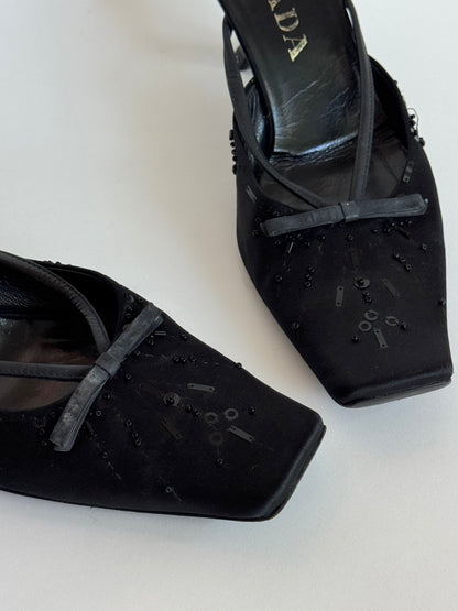 Prada Satin Beaded Black Bow Mules (IT37 / US6-6.5)