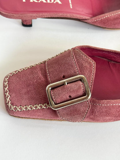 Prada Pink Suede Buckle Mules (IT36.5 / US6-6.5)