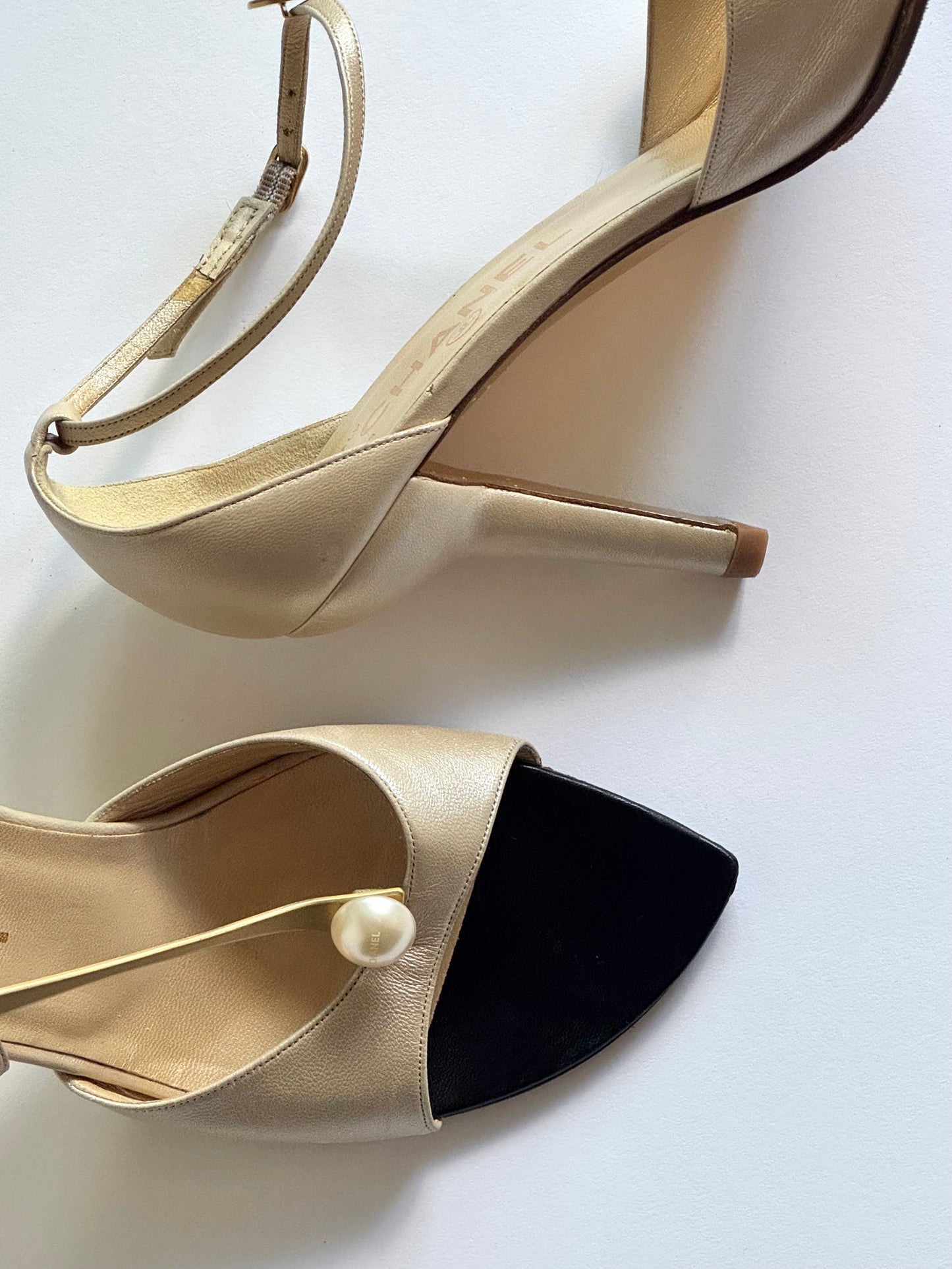 CHANEL Satin Ivory Pearl T-Strap Heels (IT37 / US7-7.5)