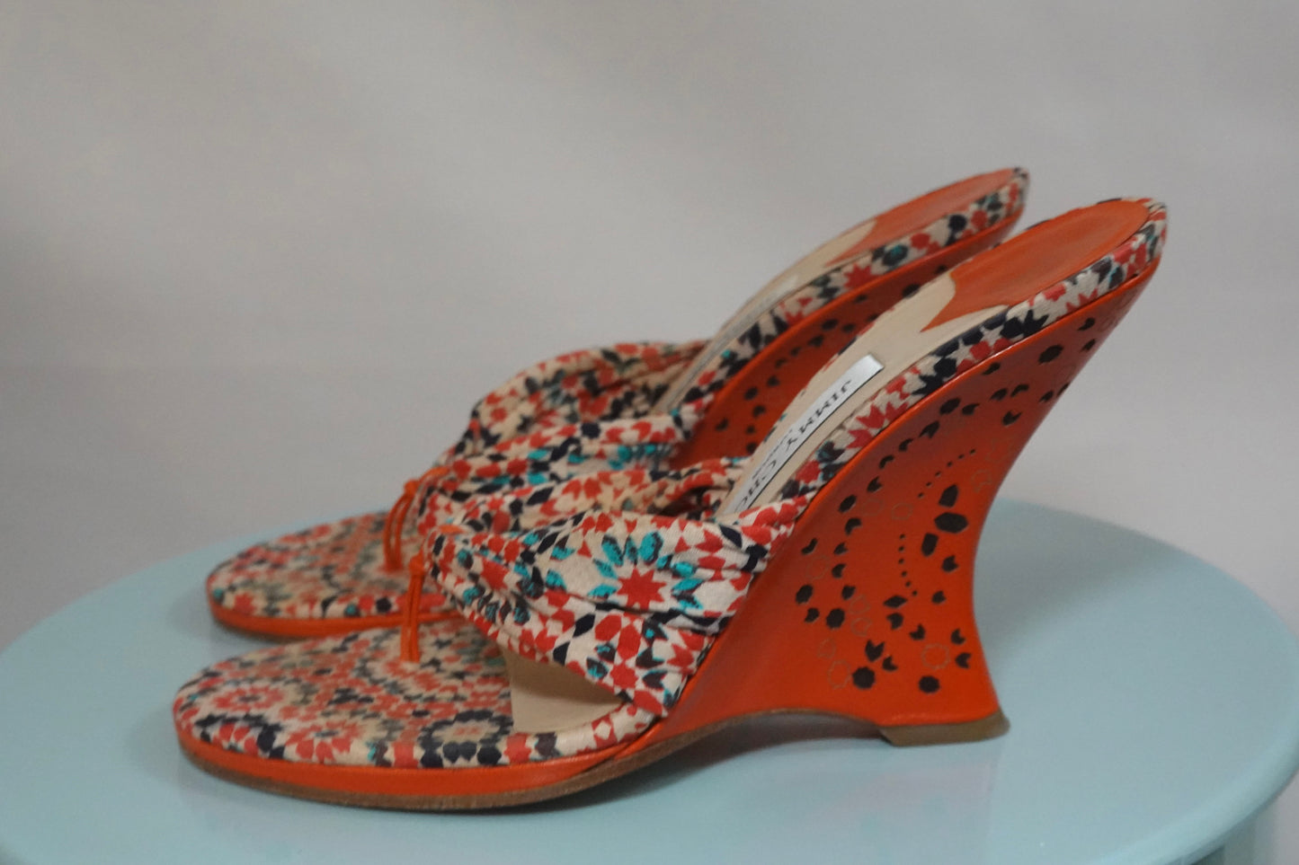 Vintage Jimmy Choo Orange and Blue Floral Wedge Sandals (IT39 / US7.5-8)