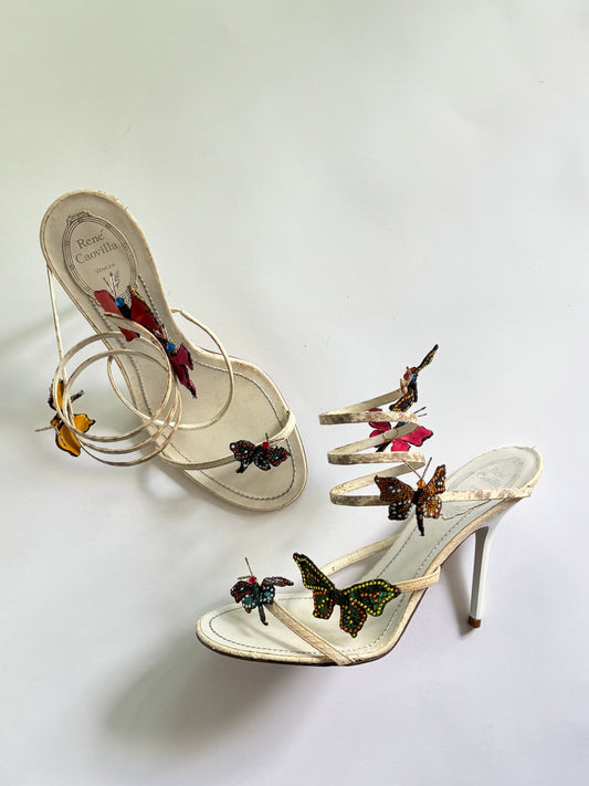 René Caovilla Butterfly Crystal Embellished Snakeskin Sandals (IT38 / US7.5-8)