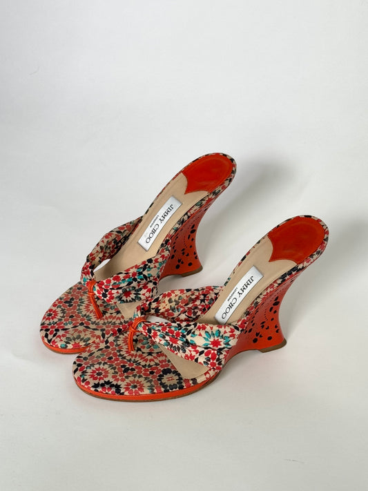 Vintage Jimmy Choo Orange and Blue Floral Wedge Sandals (IT39 / US7.5-8)