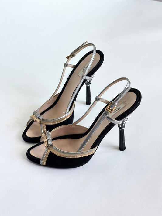 2000s Prada Silver and Gold Bow Slingbacks (IT38 / US7-7.5)