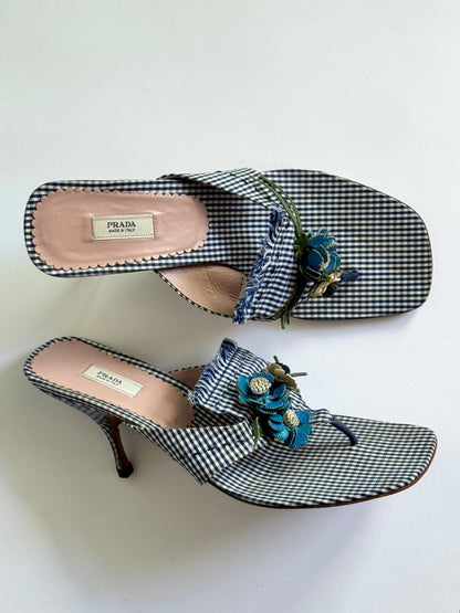 Prada Blue Gingham Floral Sandals(IT37 / US6.5-7)