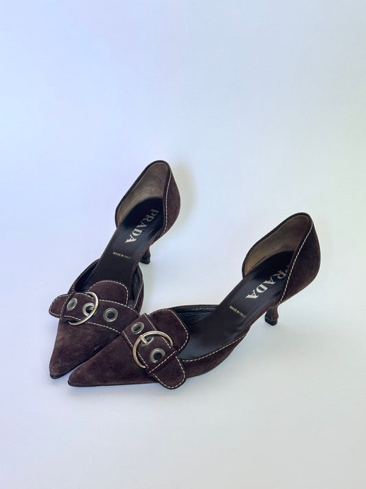 Prada Suede Brown Buckle D'Orsay Pumps (IT37.5 / US8-8.5)