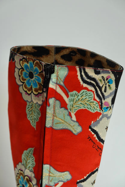 SS2003 Roberto Cavalli Chinoiserie Red Satin Boots (IT35 / US5-5.5)
