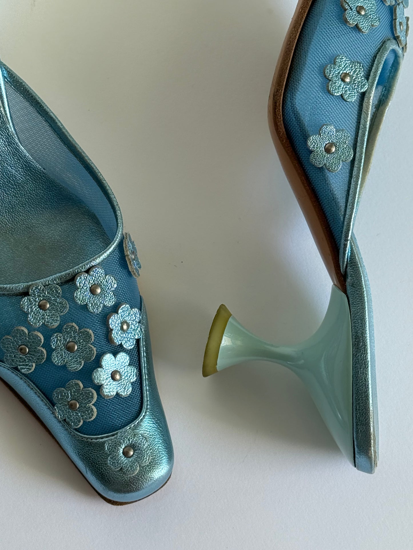 SS1999 Miu Miu Metallic Blue Mesh Floral Mules (IT37 / US6-6.5)