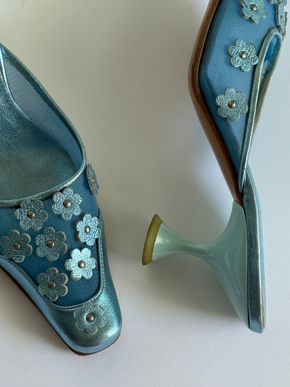 SS1999 Miu Miu Metallic Blue Mesh Floral Mules (IT37 / US6-6.5)