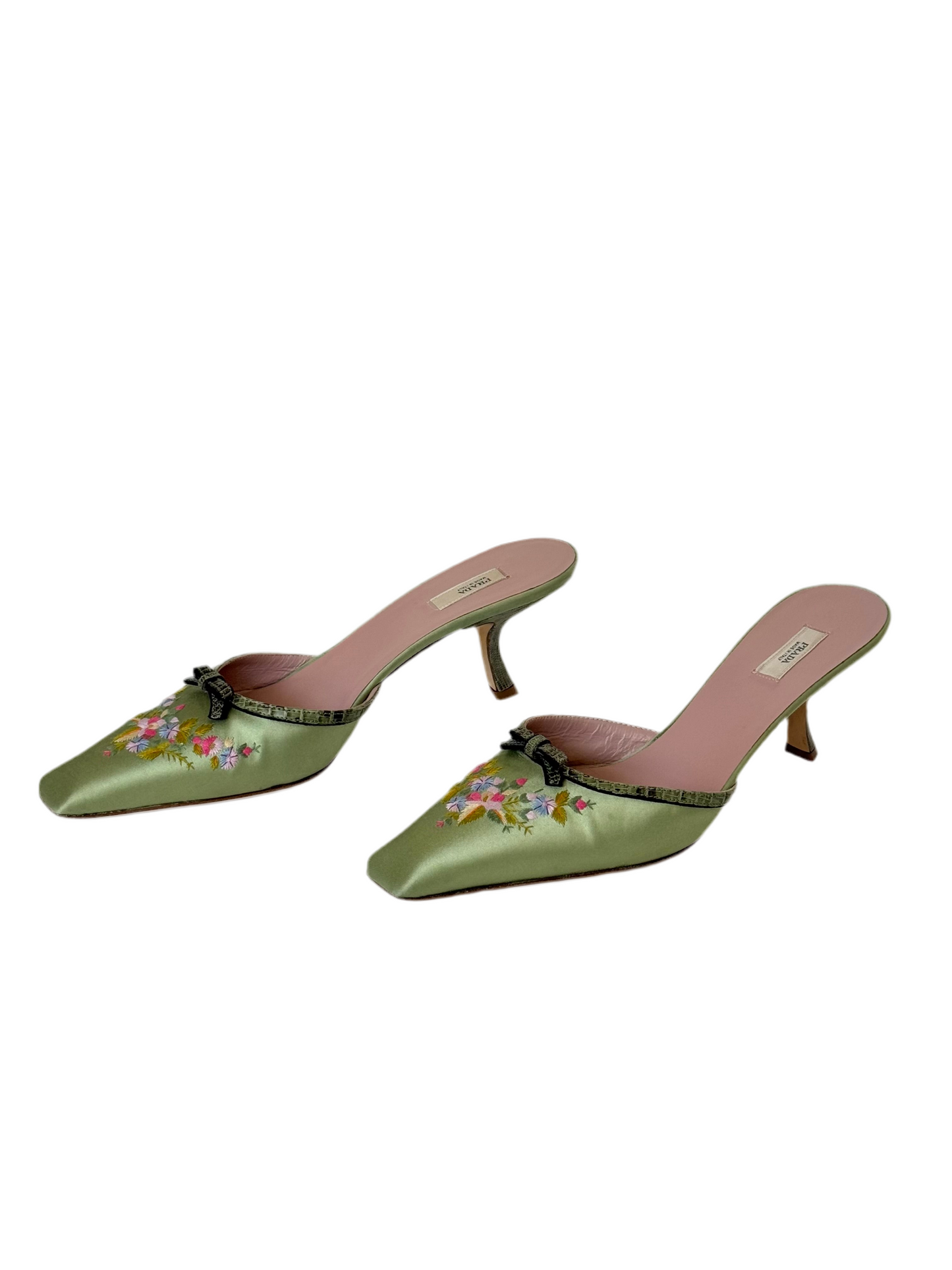 Vintage Prada Green Embroidered Mules with Snakeskin Bow (IT37 / US6.5)