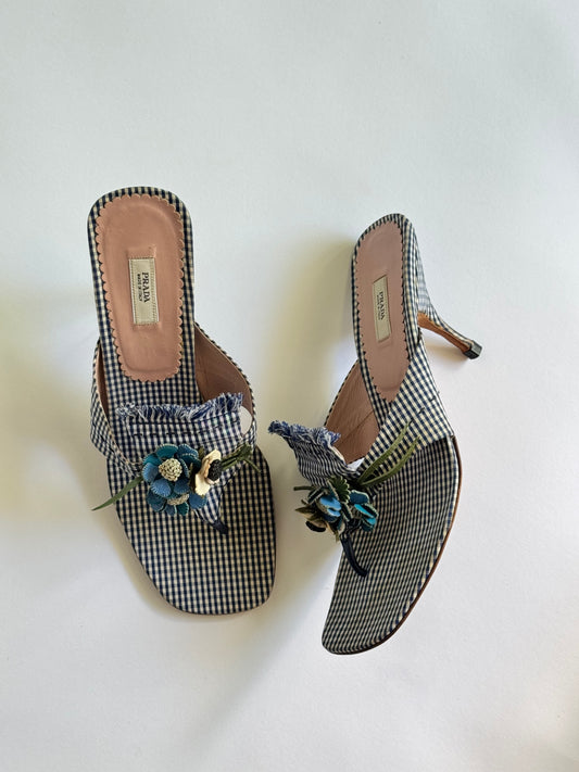 Prada Blue Gingham Floral Sandals(IT37 / US6.5-7)