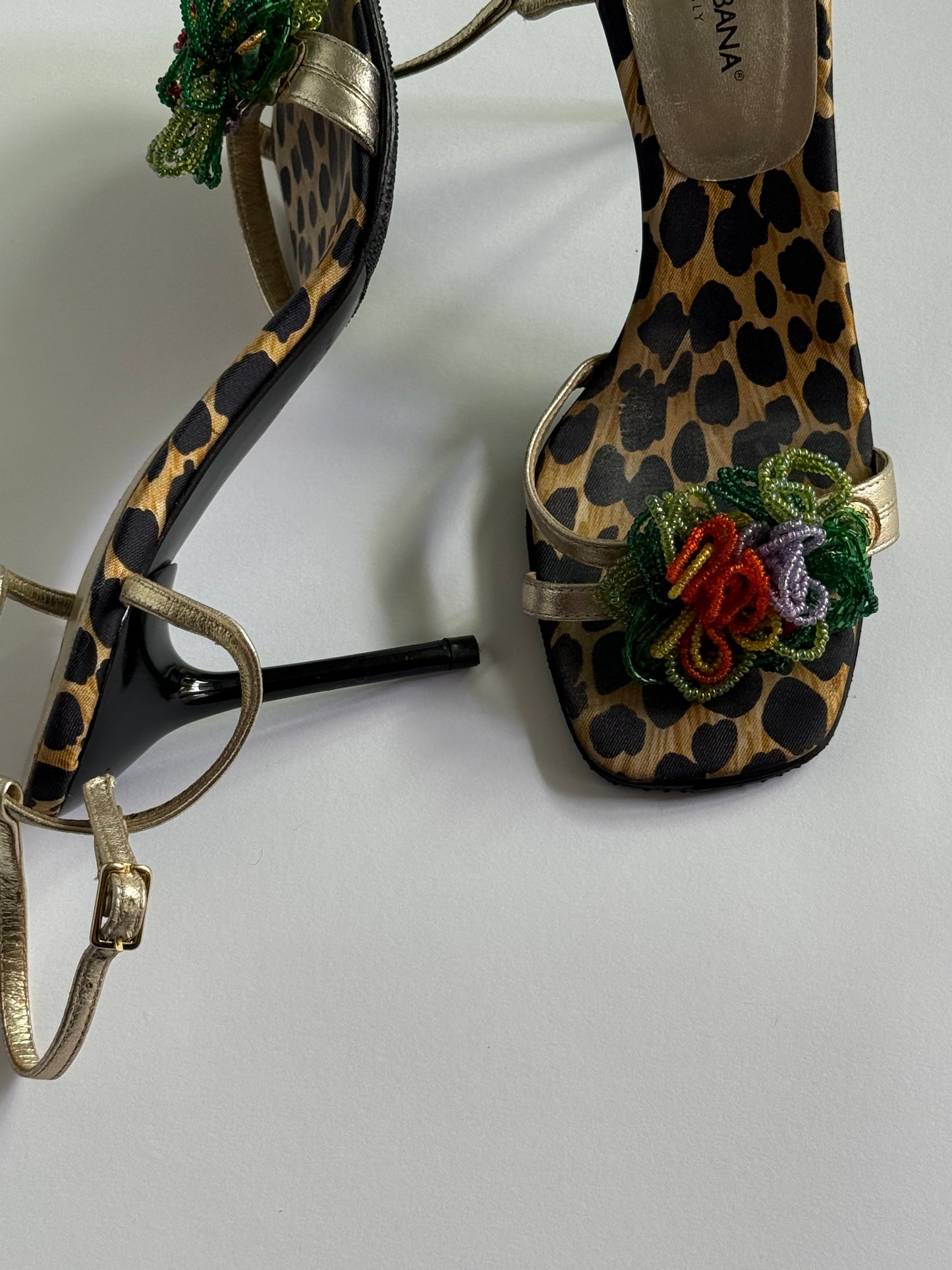 Dolce & Gabbana Cheetah Print Silk Beaded Flower Heels (IT37 / US7-7.5)