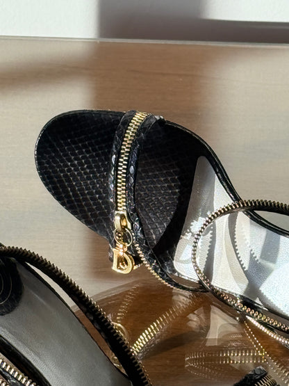 SS2001 Christian Dior Snakeskin Black Zipper Sandals (IT38.5 / US8.5-9)