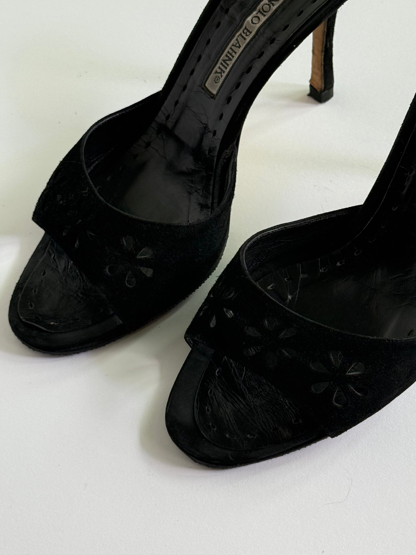 Manolo Black Suede Cutout Eyelet Black Suede Slides (IT38 / US7-7.5)
