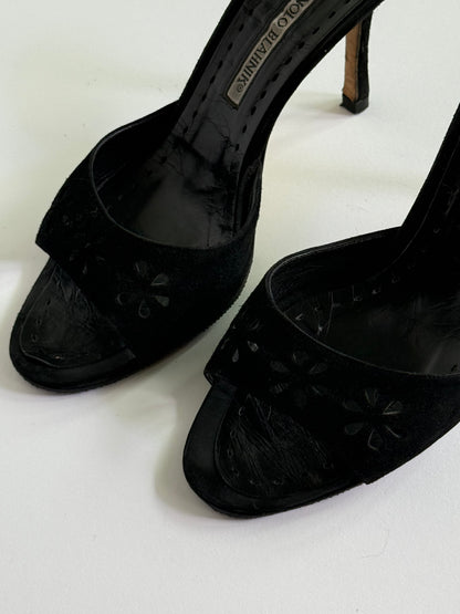 Manolo Black Suede Cutout Eyelet Black Suede Slides (IT38 / US7-7.5)