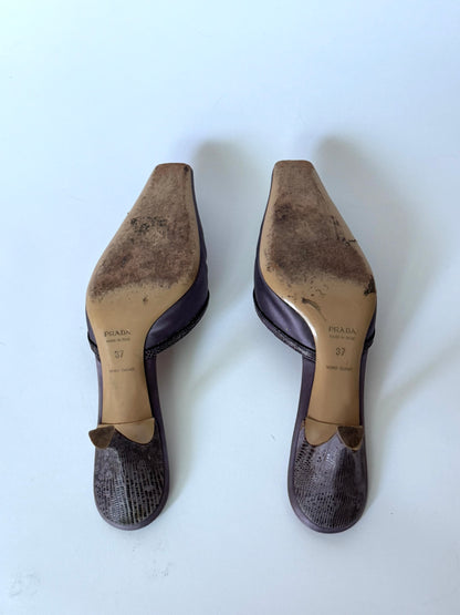 Prada Embroidered Purple Mules with Snakeskin Phone (IT37 / US6.5)