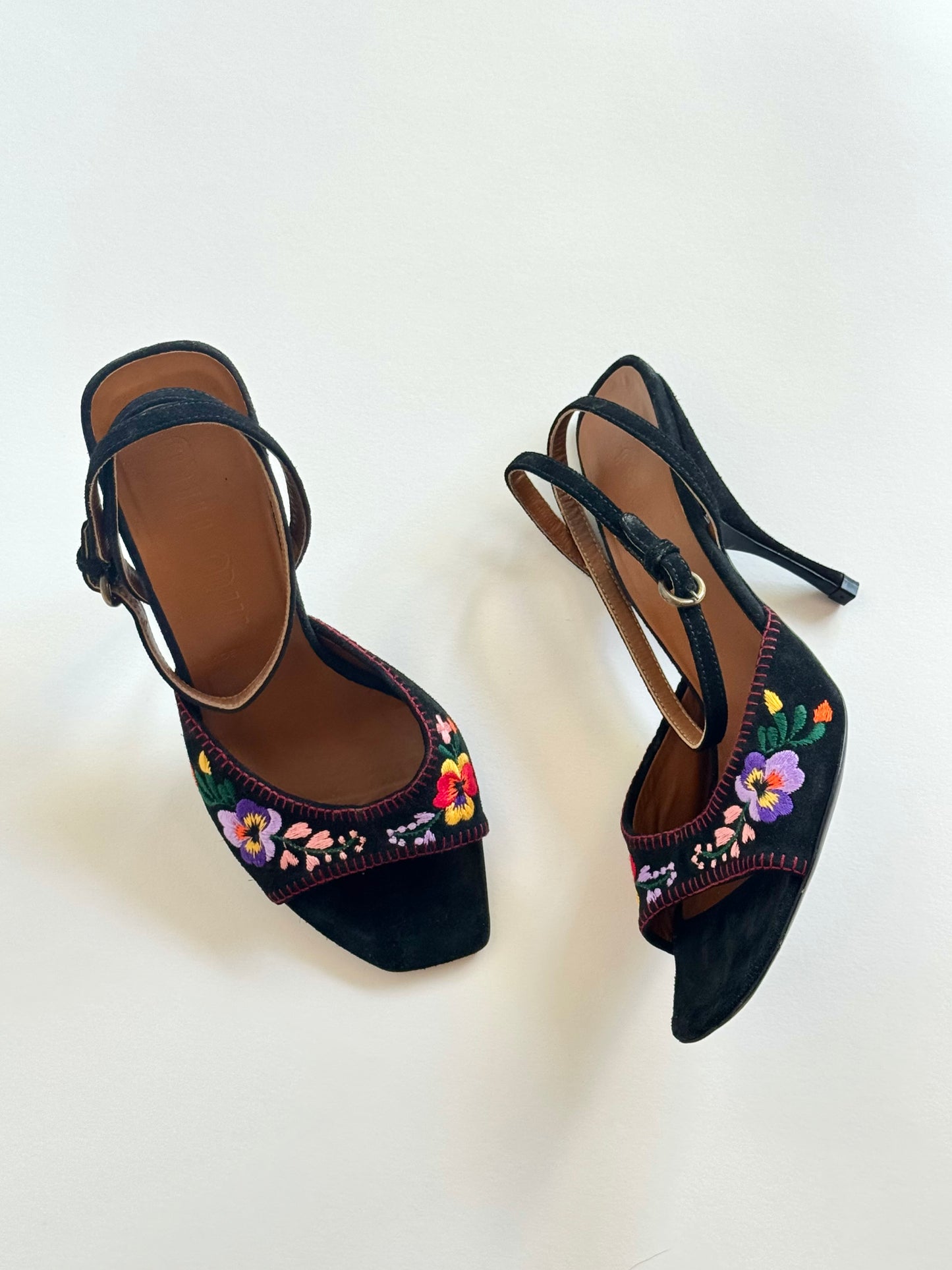 Miu Miu Floral Black Suede Embroidered Sandals (IT36 / US5.5-6)