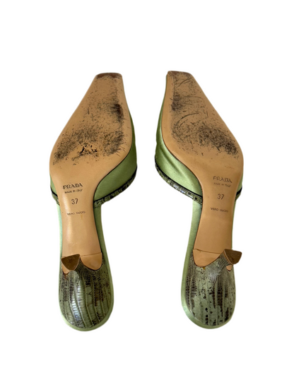 Vintage Prada Green Embroidered Mules with Snakeskin Bow (IT37 / US6.5)