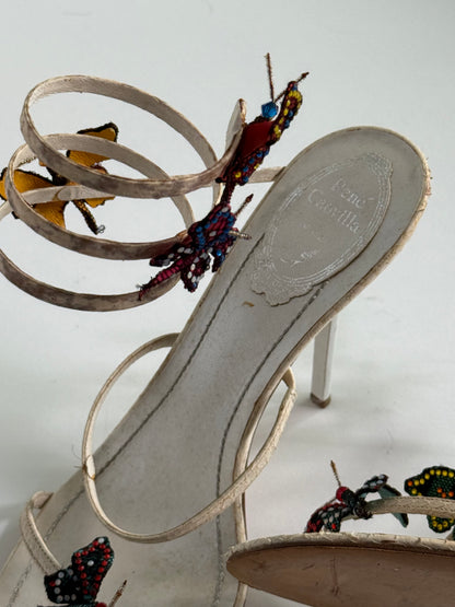 René Caovilla Butterfly Crystal Embellished Snakeskin Sandals (IT38 / US7.5-8)