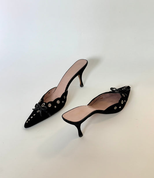 Prada Black Suede Eyelet Bow Mules (IT37.5 / US7-7.5)