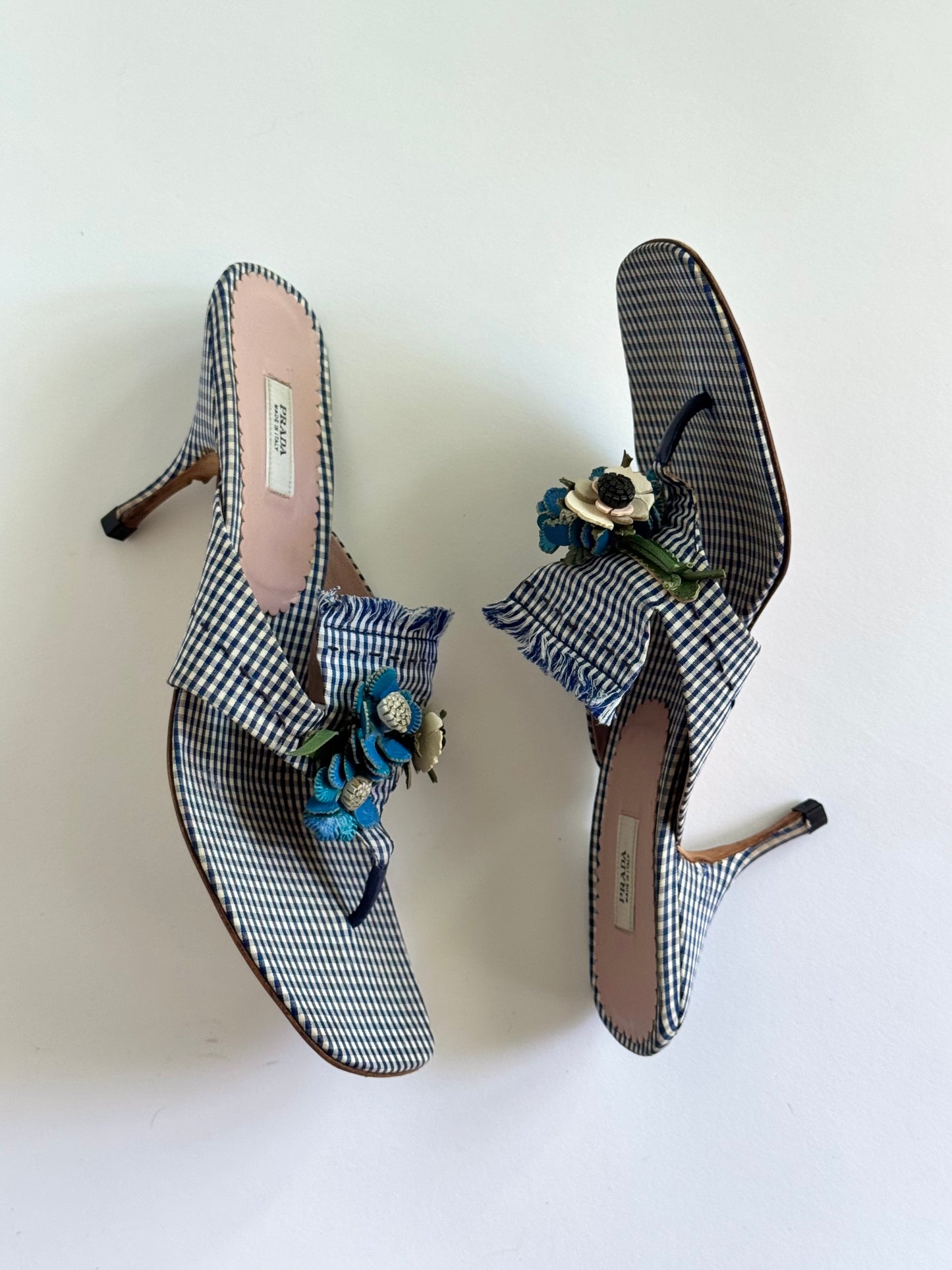 Prada Blue Gingham Floral Sandals(IT37 / US6.5-7)