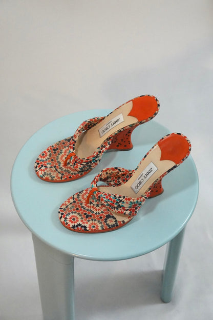 Vintage Jimmy Choo Orange and Blue Floral Wedge Sandals (IT39 / US7.5-8)