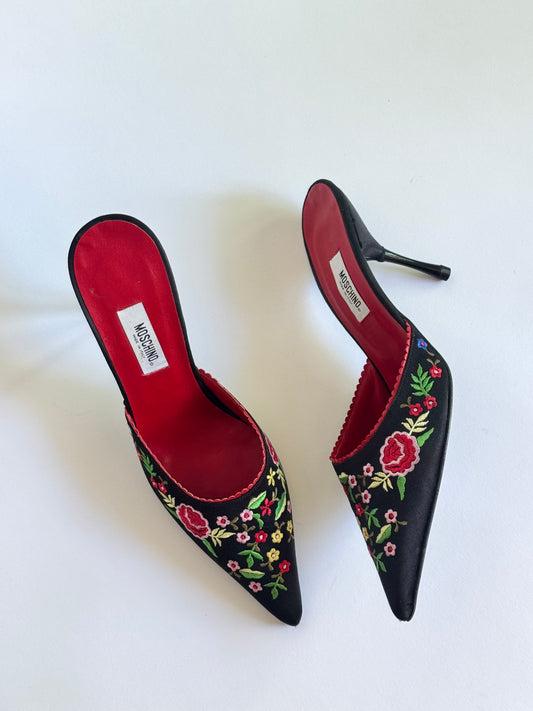 Moschino Satin Floral Embroidered Mules (IT41 / US9-9.5)