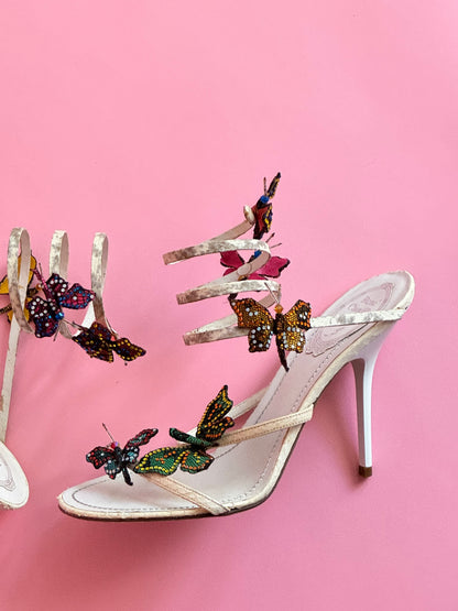 René Caovilla Butterfly Crystal Embellished Snakeskin Sandals (IT38 / US7.5-8)