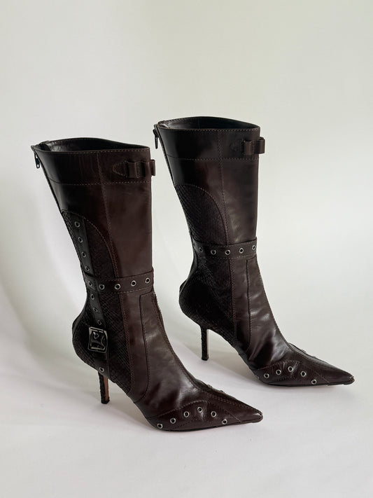 Christian Dior Brown Leather Snakeskin Mid-Calf Boots (IT37.5 / US7-7.5)