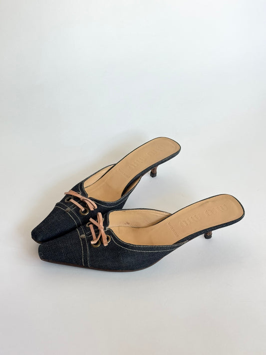 Miu Miu Blue Denim Bow Mules (IT37.5 / US7-7.5)