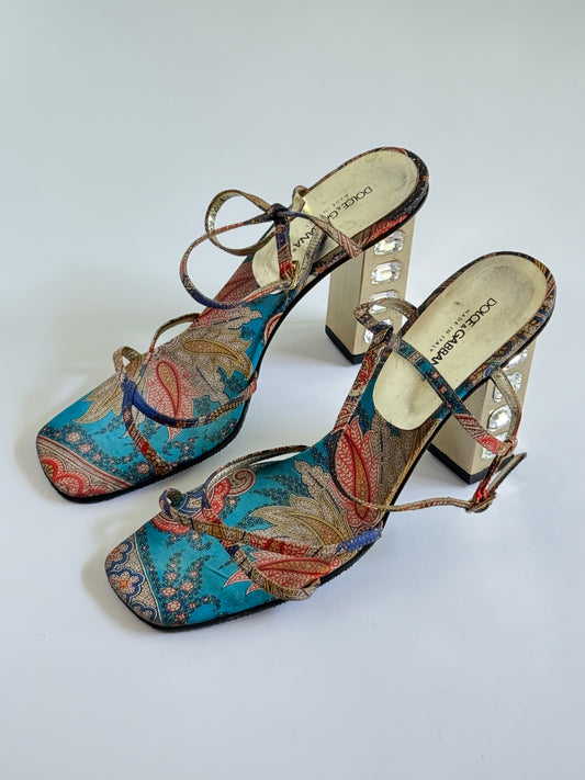 SS2000 Dolce and Gabbana Blue Paisley Gem Block Heels (IT41 / US10-10.5)
