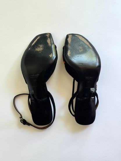 Miu Miu Floral Black Suede Embroidered Sandals (IT36 / US5.5-6)