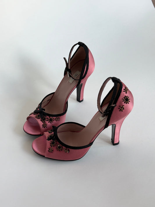 Prada Satin Beaded Coral Bow Pumps (IT36.5 / US6-6.5)