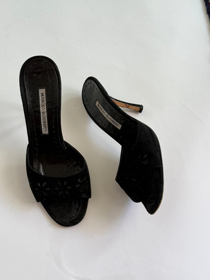 Manolo Black Suede Cutout Eyelet Black Suede Slides (IT38 / US7-7.5)