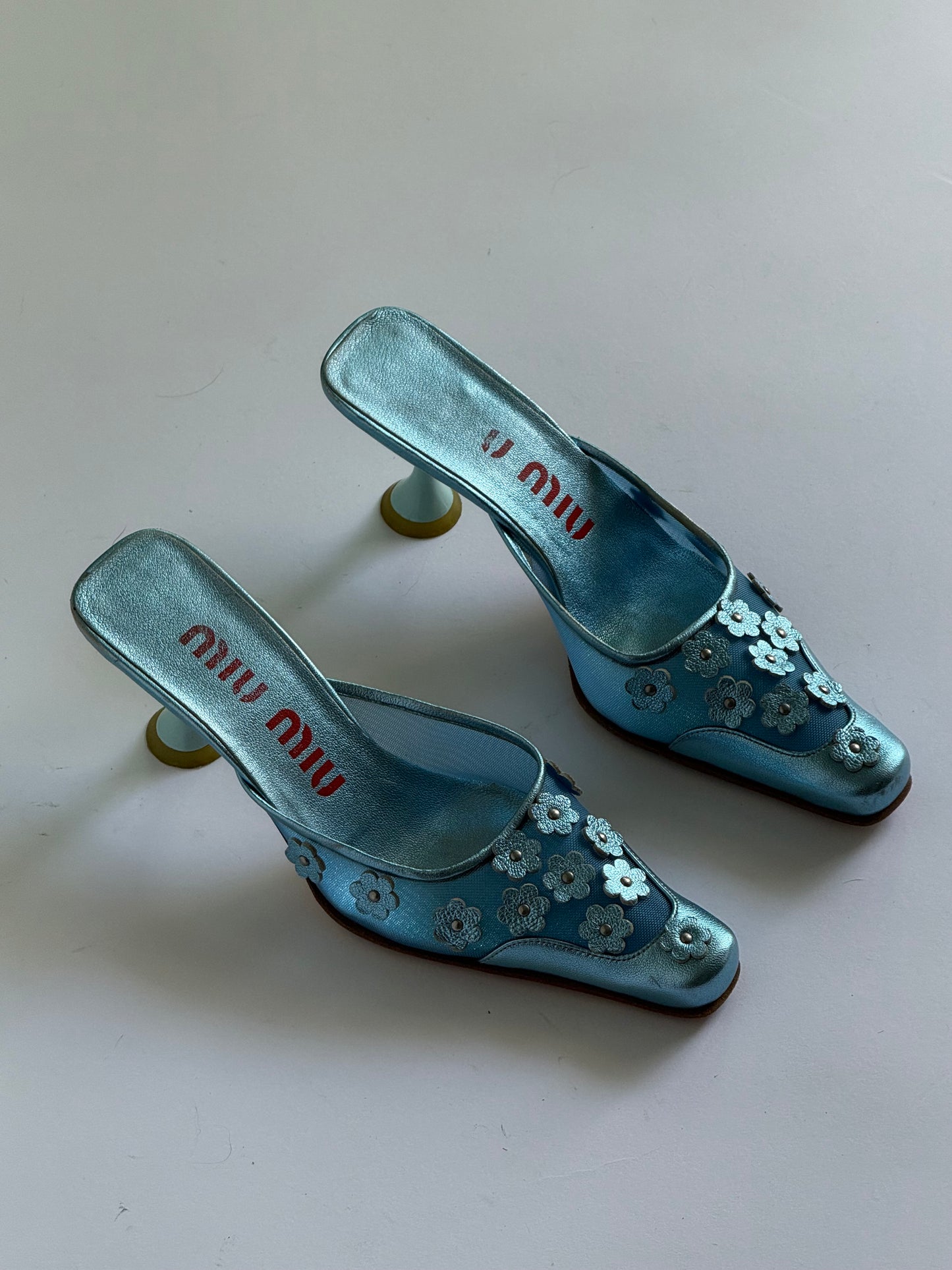 SS1999 Miu Miu Metallic Blue Mesh Floral Mules (IT37 / US6-6.5)