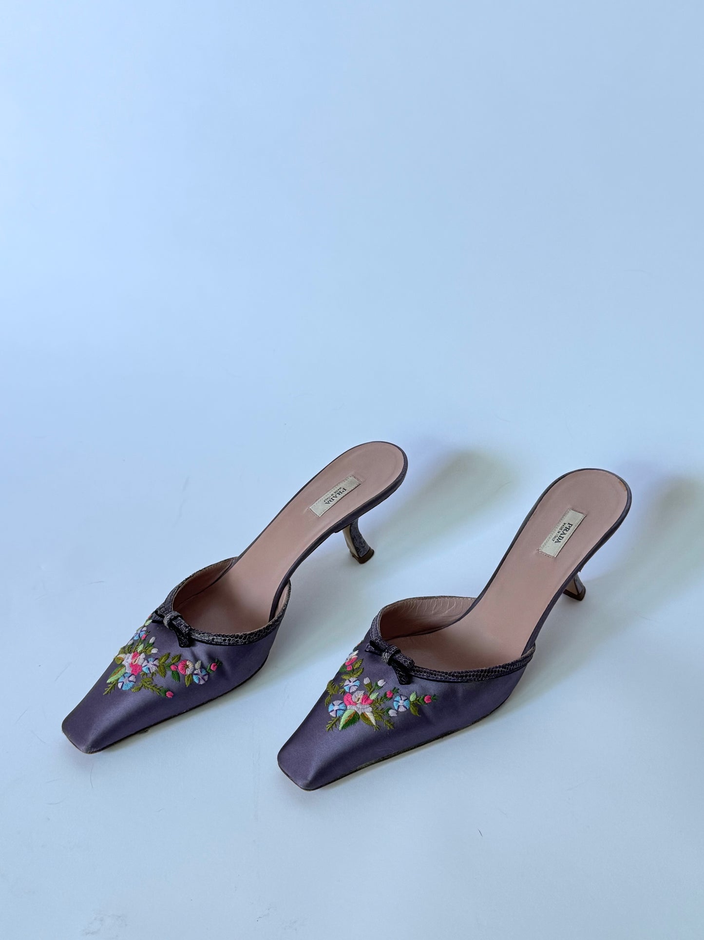 Prada Embroidered Purple Mules with Snakeskin Phone (IT37 / US6.5)