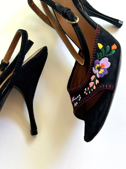 Miu Miu Floral Black Suede Embroidered Sandals (IT36 / US5.5-6)