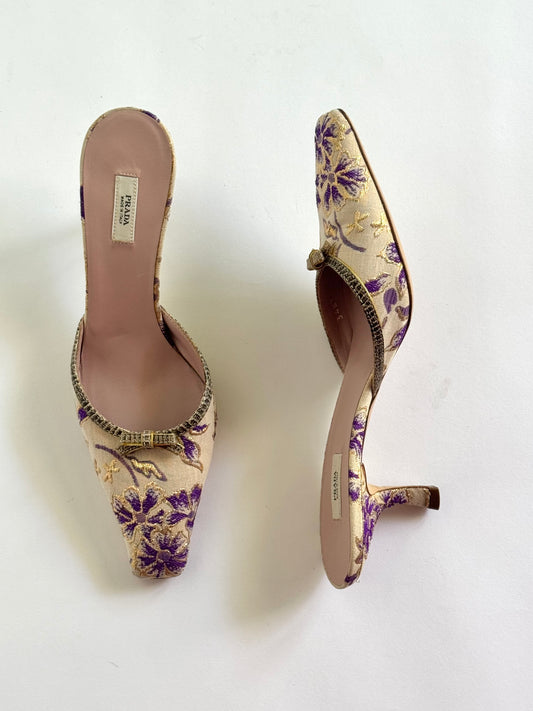 Prada Embroidered Snakeskin Bow Mules (IT35.5 / US5-5.5)