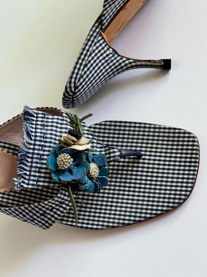 Prada Blue Gingham Floral Sandals(IT37 / US6.5-7)