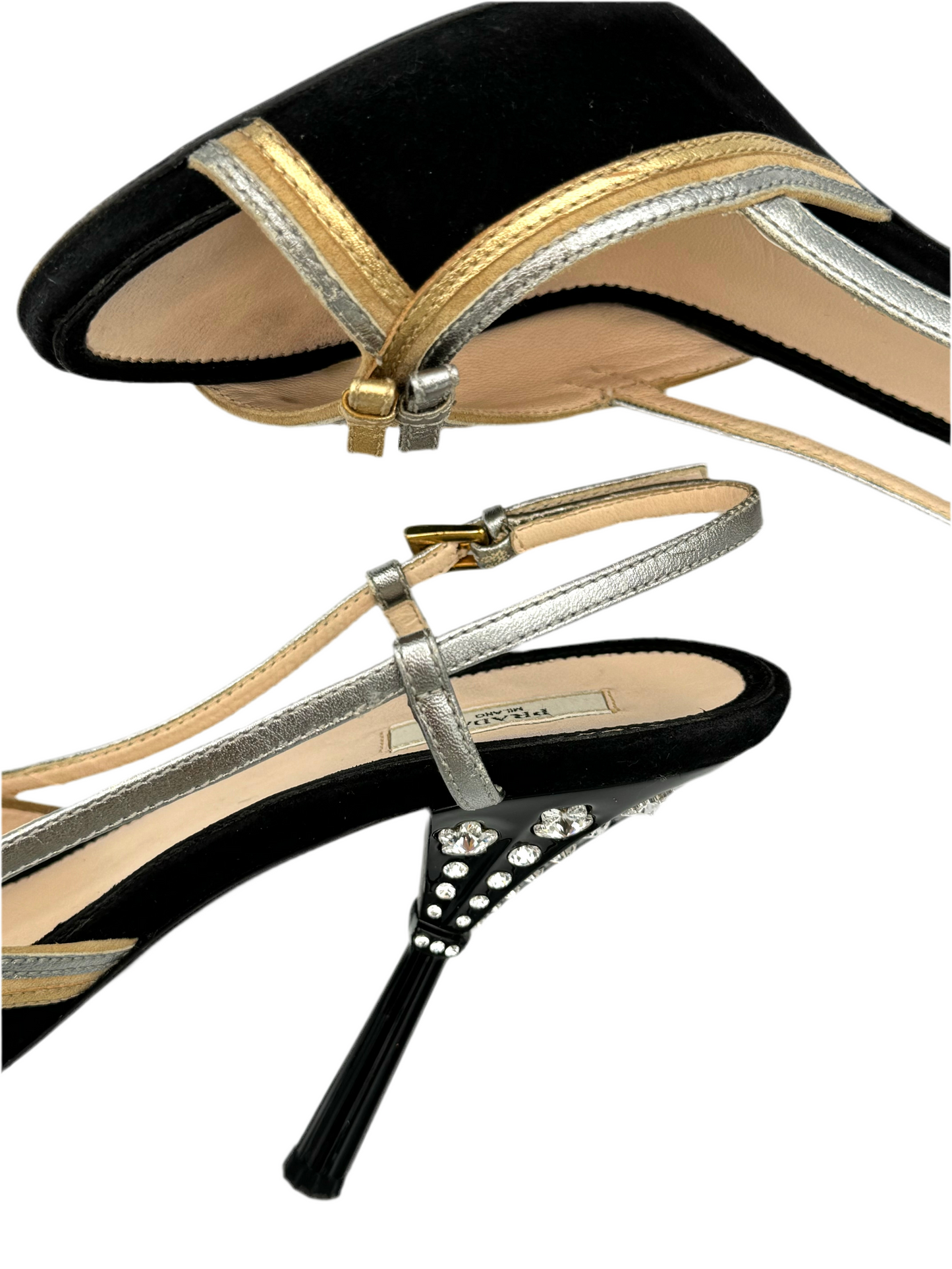 2000s Prada Silver and Gold Bow Slingbacks (IT38 / US7-7.5)