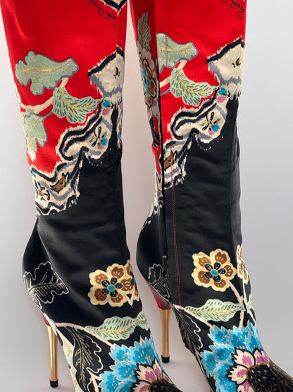 SS2003 Roberto Cavalli Chinoiserie Red Satin Boots (IT35 / US5-5.5)