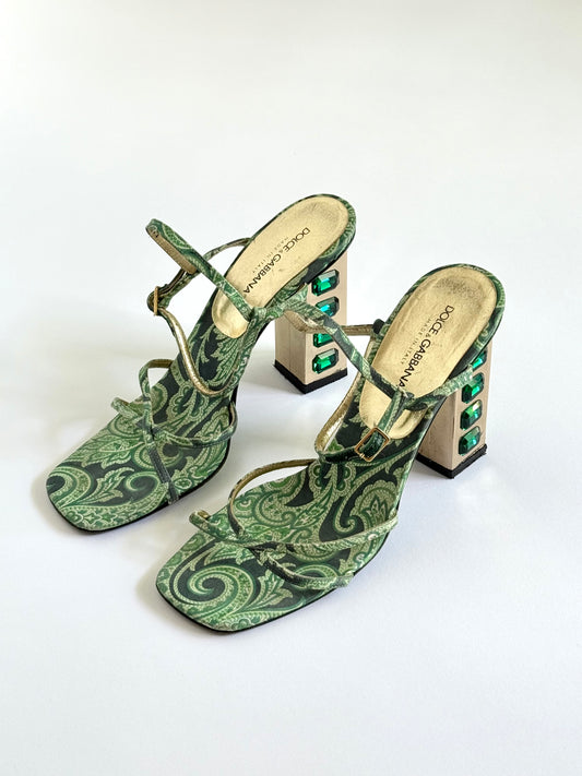 SS2000 Dolce and Gabbana Emerald Gem Block Heels (IT38 / US7-7.5)