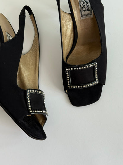 FW1996 Versace Black Satin Buckle Rhinestone Slingback Pumps (IT39 / US8.5-9)