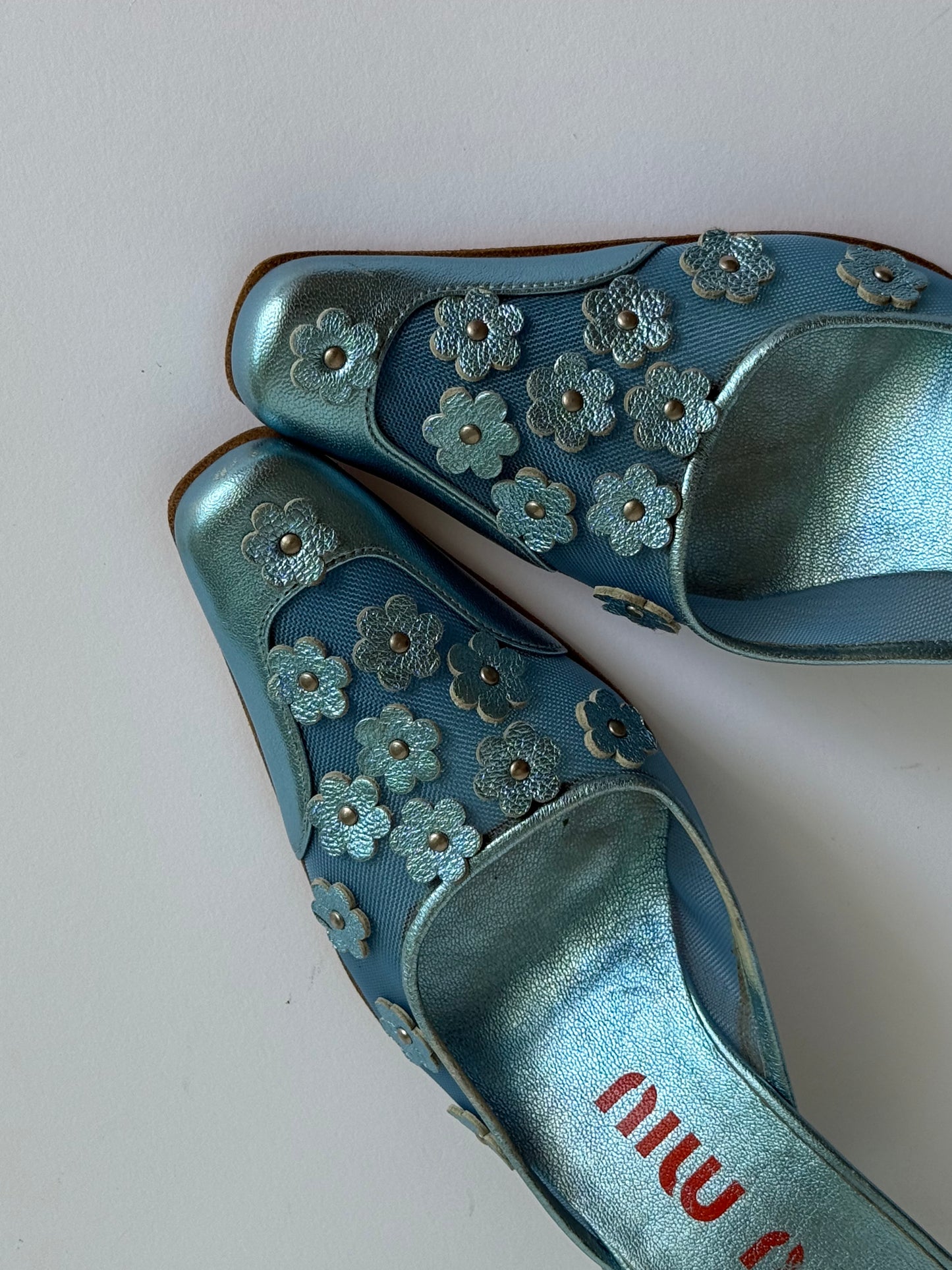SS1999 Miu Miu Metallic Blue Mesh Floral Mules (IT37 / US6-6.5)