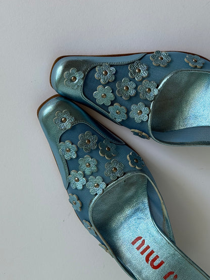 SS1999 Miu Miu Metallic Blue Mesh Floral Mules (IT37 / US6-6.5)